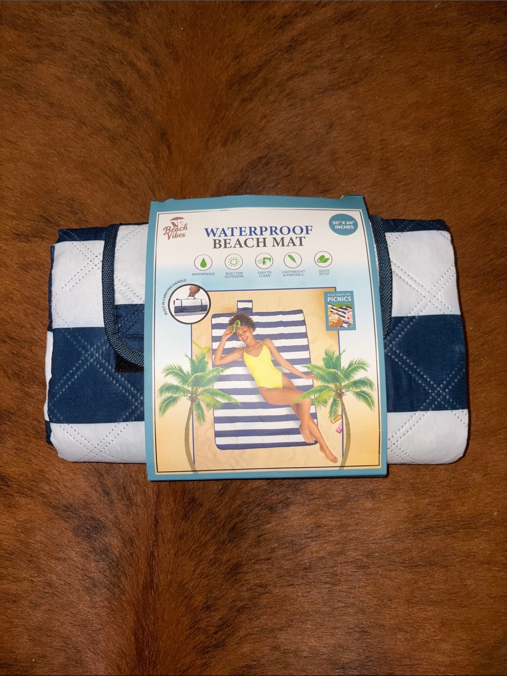 Waterproof Beach Mat - Navy and White Stripes